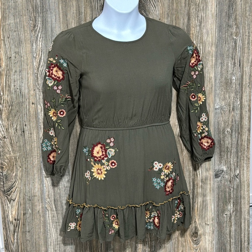 #24. Embroidered Floral Long sleeved Green Dress